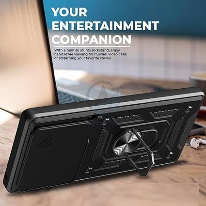 SPAZY CASE® Realme 15 Back Cover | Heavy Duty Hybrid Case with 360 Degree Rotating Finger Ring Holder + Slider Shutter Camera Protection Case for Realme 15 - Black - Image 5
