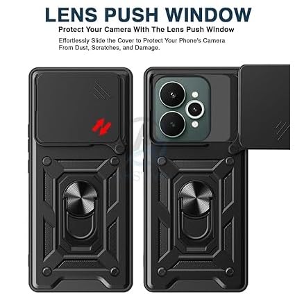 SPAZY CASE® Realme 15 Back Cover | Heavy Duty Hybrid Case with 360 Degree Rotating Finger Ring Holder + Slider Shutter Camera Protection Case for Realme 15 - Black - Image 4