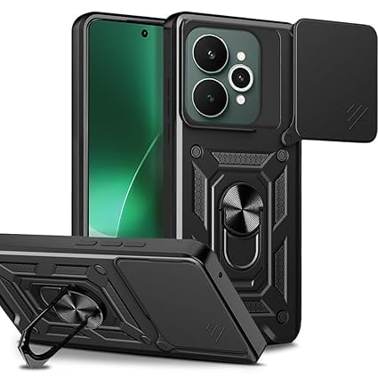 SPAZY CASE® Realme 15 Back Cover | Heavy Duty Hybrid Case with 360 Degree Rotating Finger Ring Holder + Slider Shutter Camera Protection Case for Realme 15 - Black - Image 1