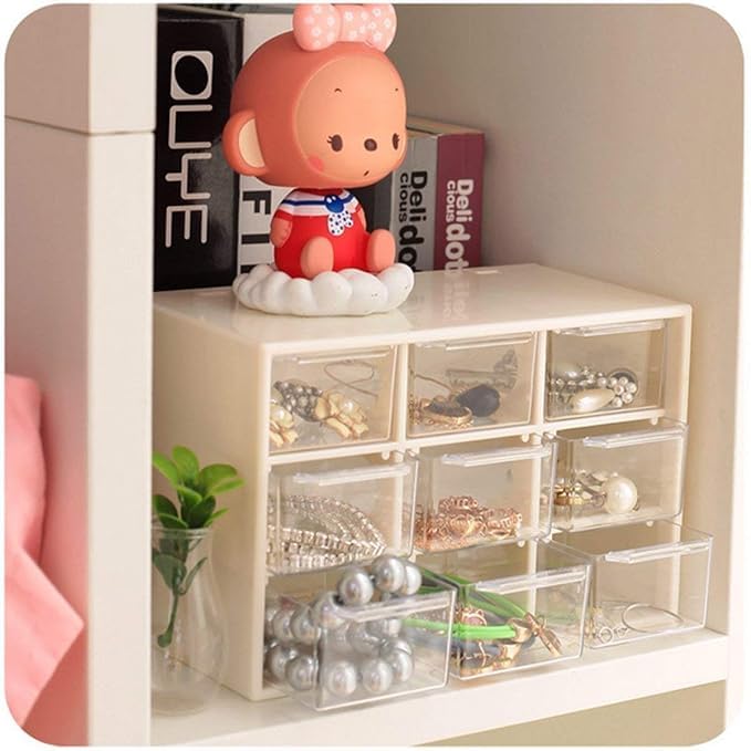 VIDORA 9 Grid Mini Plastic Acrylic Multipurpose Drawer Storage Box for Multi Layer Jewelry Sundries Organizer Desktop Office Supplies Cabinet Color White - Image 1