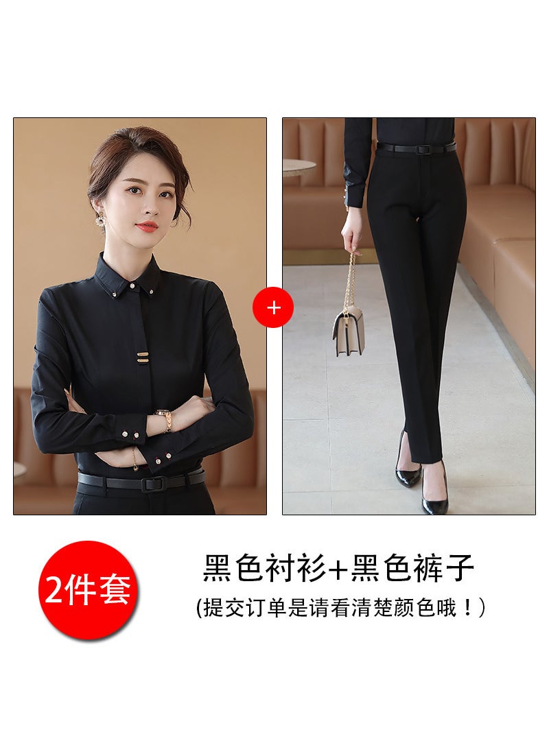 Generic Thickened Fleece Black Long Sleeve Shirt Womens Professional Work Uniform Formal Autumn Winter Base Layer Warm Blouse Black shirt black pants 