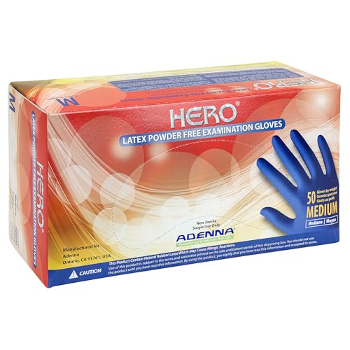Adenna HER005 Hero 14 mil Powder-Free Latex Gloves, Extended Cuff, Medical Grade, Blue, Medium, Box of 50 - Image 1