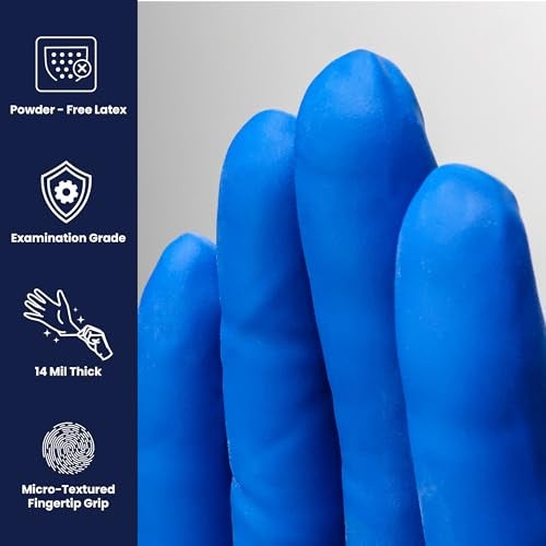 Adenna HER005 Hero 14 mil Powder-Free Latex Gloves, Extended Cuff, Medical Grade, Blue, Medium, Box of 50 - Image 2