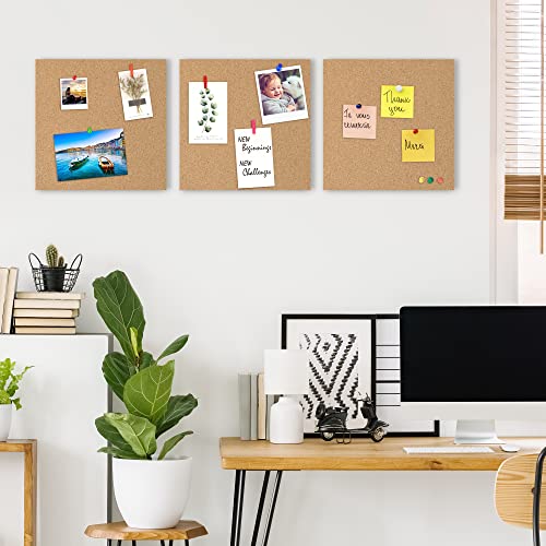 AKTOP Cork Board Bulletin Board 12x12, 1/2" Thick Cork Board Tiles 6 Pack, Small Square Pin Board for Wall, Self Adhesive Corkboards with 60 Push Pin Wood Clips for School, Home & Office - Image 3
