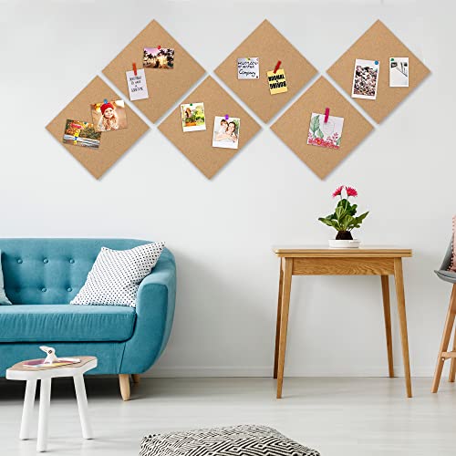 AKTOP Cork Board Bulletin Board 12x12, 1/2" Thick Cork Board Tiles 6 Pack, Small Square Pin Board for Wall, Self Adhesive Corkboards with 60 Push Pin Wood Clips for School, Home & Office - Image 2