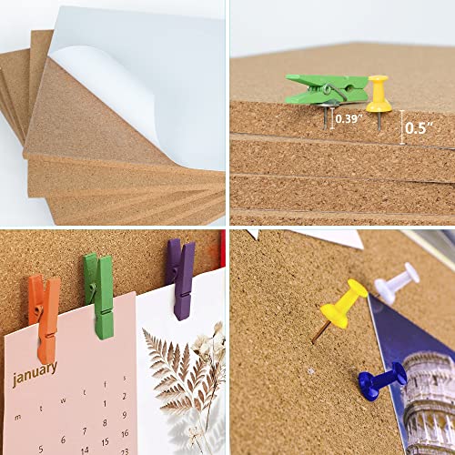 AKTOP Cork Board Bulletin Board 12x12, 1/2" Thick Cork Board Tiles 6 Pack, Small Square Pin Board for Wall, Self Adhesive Corkboards with 60 Push Pin Wood Clips for School, Home & Office - Image 5
