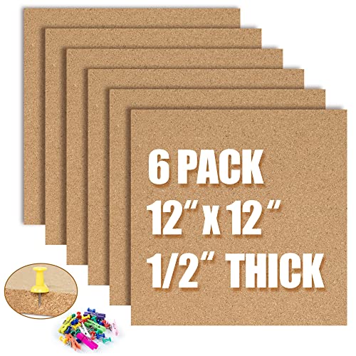 AKTOP Cork Board Bulletin Board 12x12, 1/2" Thick Cork Board Tiles 6 Pack, Small Square Pin Board for Wall, Self Adhesive Corkboards with 60 Push Pin Wood Clips for School, Home & Office - Image 1