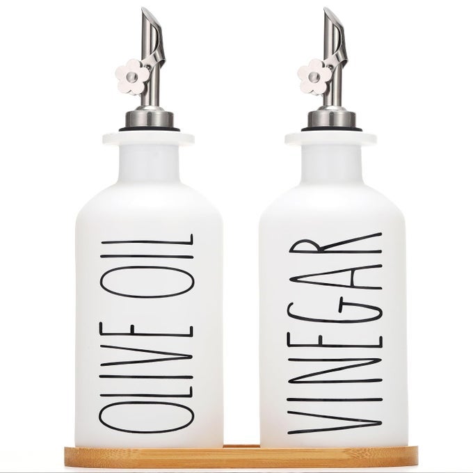 PREMIUM OLIVE OIL DISPENSER FOR KITCHEN 118OZ GLASS OIL BOTTLES WITH BAMBOO TRAY WHITE OILVINEGAR CRUET SET KITCHEN DISPENSER BOTTLES WITH POURER SET OF 2 118OZ PWHITE