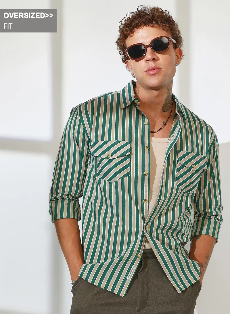Campus Sutra Campus Sutra Men's Forest Green & Khaki Beige Candy Striped Oversized Shirt For Casual Wear | Spread Collar | Long Sleeve | Button Closure | Oversized Shirt Crafted With Comfort Fit For Everyday Wear