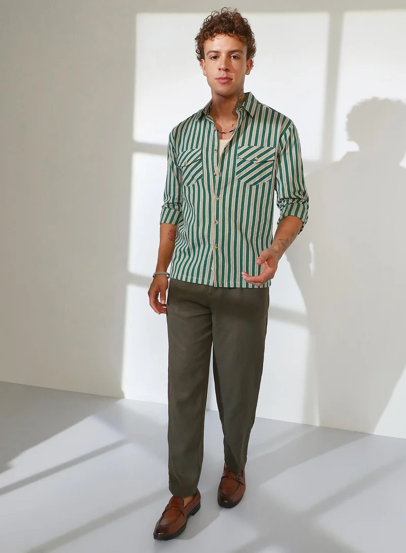 Campus Sutra Men's Forest Green & Khaki Beige Candy Striped Oversized Shirt