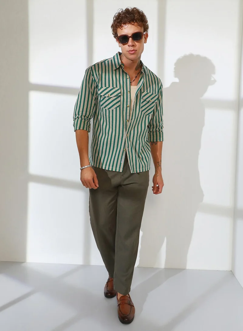 Campus Sutra Men's Forest Green & Khaki Beige Candy Striped Oversized Shirt