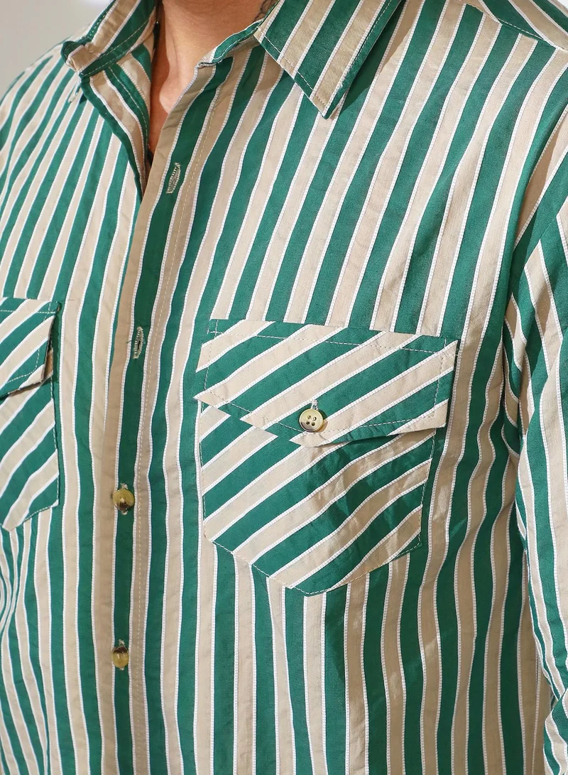 Campus Sutra Men's Forest Green & Khaki Beige Candy Striped Oversized Shirt