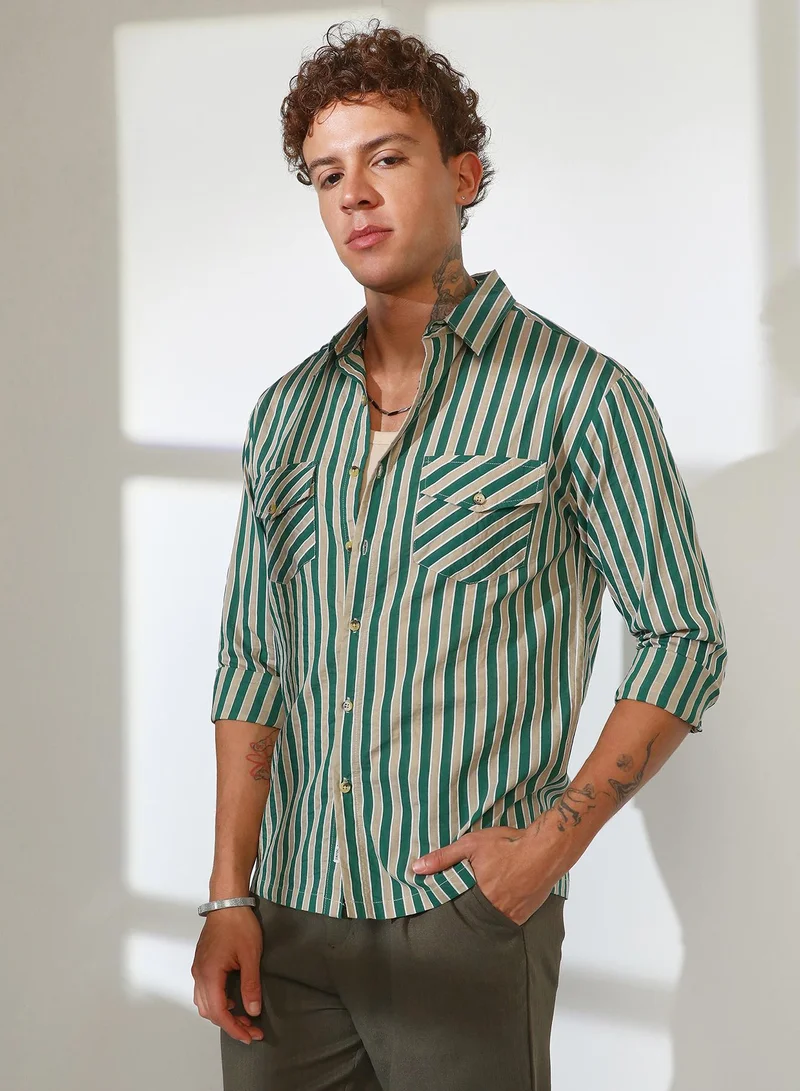 Campus Sutra Men's Forest Green & Khaki Beige Candy Striped Oversized Shirt