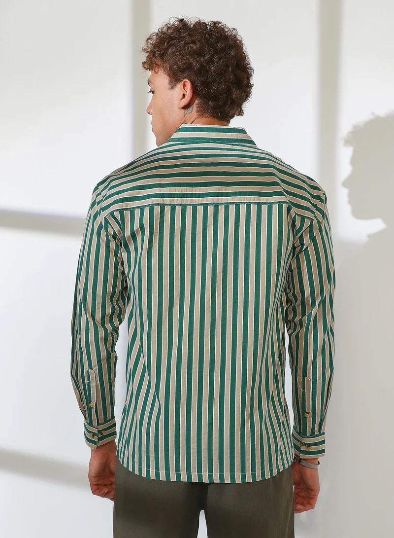 Campus Sutra Men's Forest Green & Khaki Beige Candy Striped Oversized Shirt
