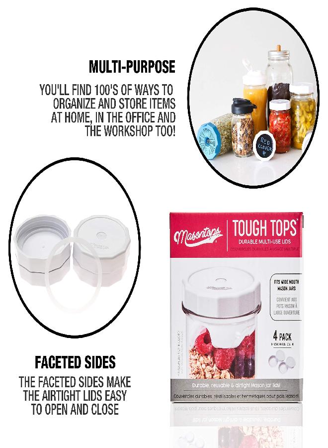 Masontops Masontops Tough Tops - Wide Mouth Mason Jar Lid - White - BPA-Free Plastic Screw Caps - Reusable Airtight Storage Covers  - Image 3