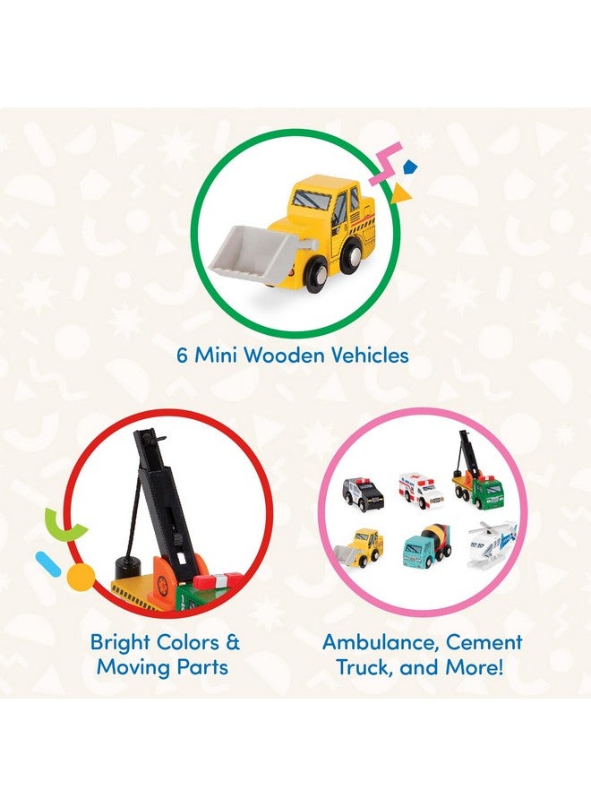 باتات سيارات خشبية للأطفال - مجموعة من 6 قطع من المركبات اللعب - مركبات إنقاذ وبناء صغيرة - ألعاب شاحنات للأطفال الصغار - 3 سنوات فما فوق - مجموعة مركبات خشبية 1 - Image 3