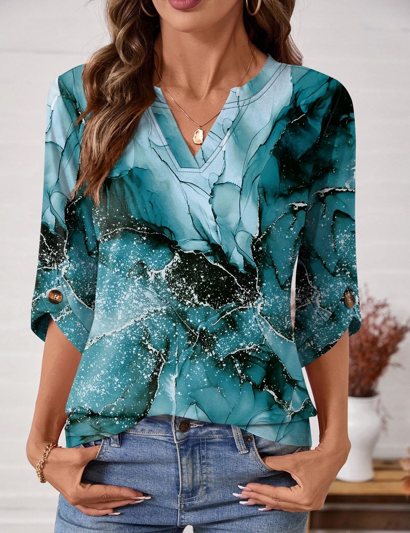 Kistore Womens Spring Tops 3/4 Sleeve Gradient Shirts Casual V Neck Blouses Pullover Beach Vacation Clothes Green M - Image 3