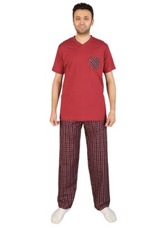 Jet Men Summer Pajama Set Half Sleeve & Carreaux Bottom -Burgundy  - Image 1
