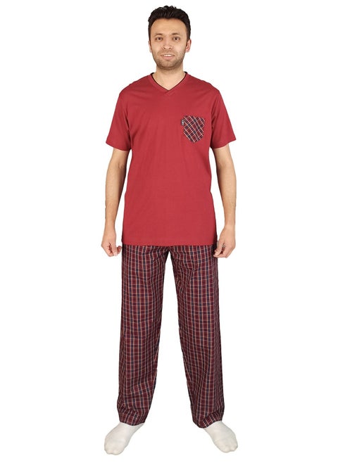 Men Summer Pajama Set Half Sleeve & Carreaux Bottom -Burgundy