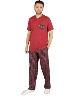 Jet Men Summer Pajama Set Half Sleeve & Carreaux Bottom -Burgundy  - Image 2