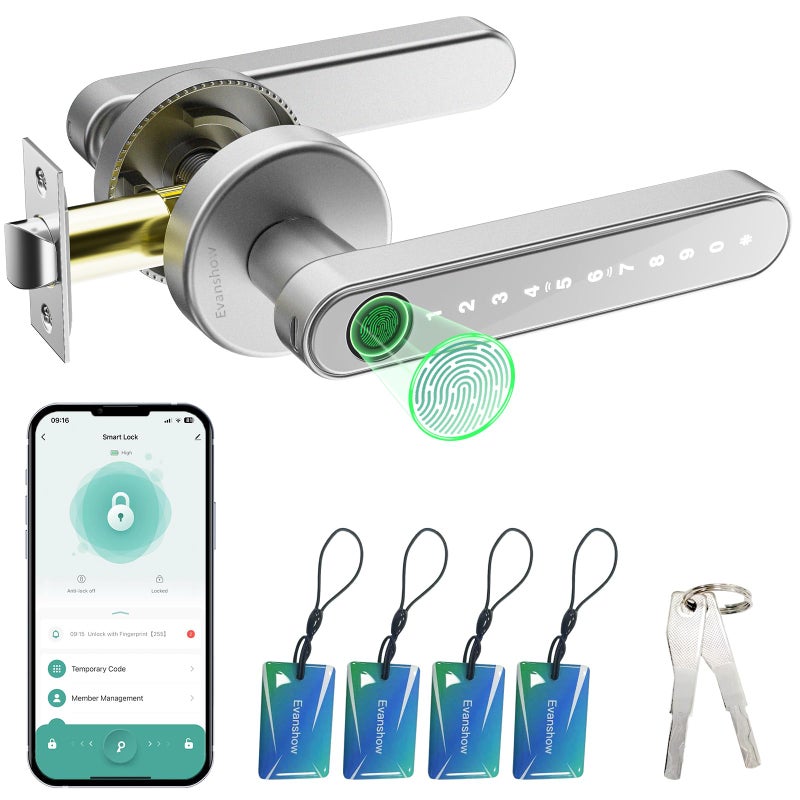 Evanshow Smart Door Lock with Knob, Keyless Entry Door Locks with Handle, Fingerprint Door Knob for Bedroom/Front Door/Apartment,Generate Passcode Remotely Silver - Image 1