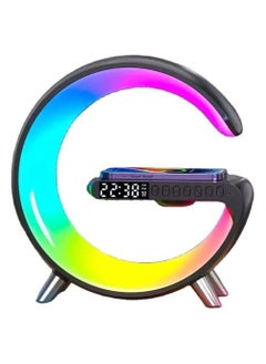 Table Lamp Desk Night Light with 15W Quick Wireless Charger and Bluetooth Speaker, Desk Lamp with Alarm Clock and 256 RGB Light Modes Bedroom Lamp As Sleep Aid White Noise Machine