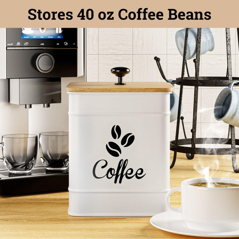 HB Design Co. Airtight Coffee Canister - 40 oz Large Iron White Coffee Container Airtight - 6 x 8 inch Metal Jar - Stylish Countertop Container for Coffee Grounds, Beans, Pods & More with Rubber-Lined Bamboo Lid - Image 3