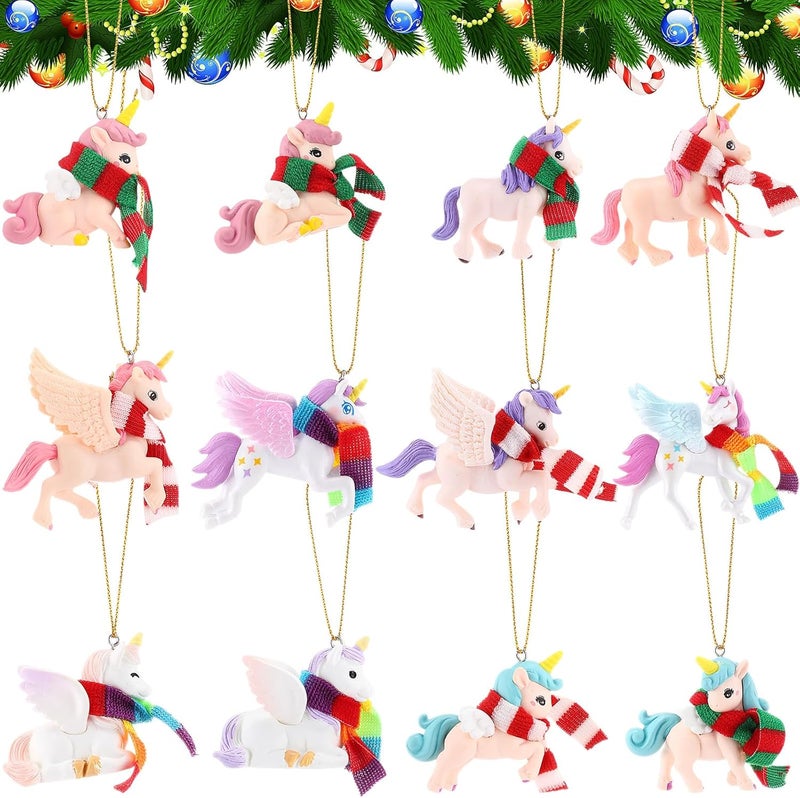 Civaner Civaner 12 Pcs Christmas 3D Unicorn Hanging Ornaments Pink Purple Christmas Tree Decor Pastel Unicorn Xmas Tree Ornament Gift for Keychain Backpack Home Decoration Party Favors - Image 1