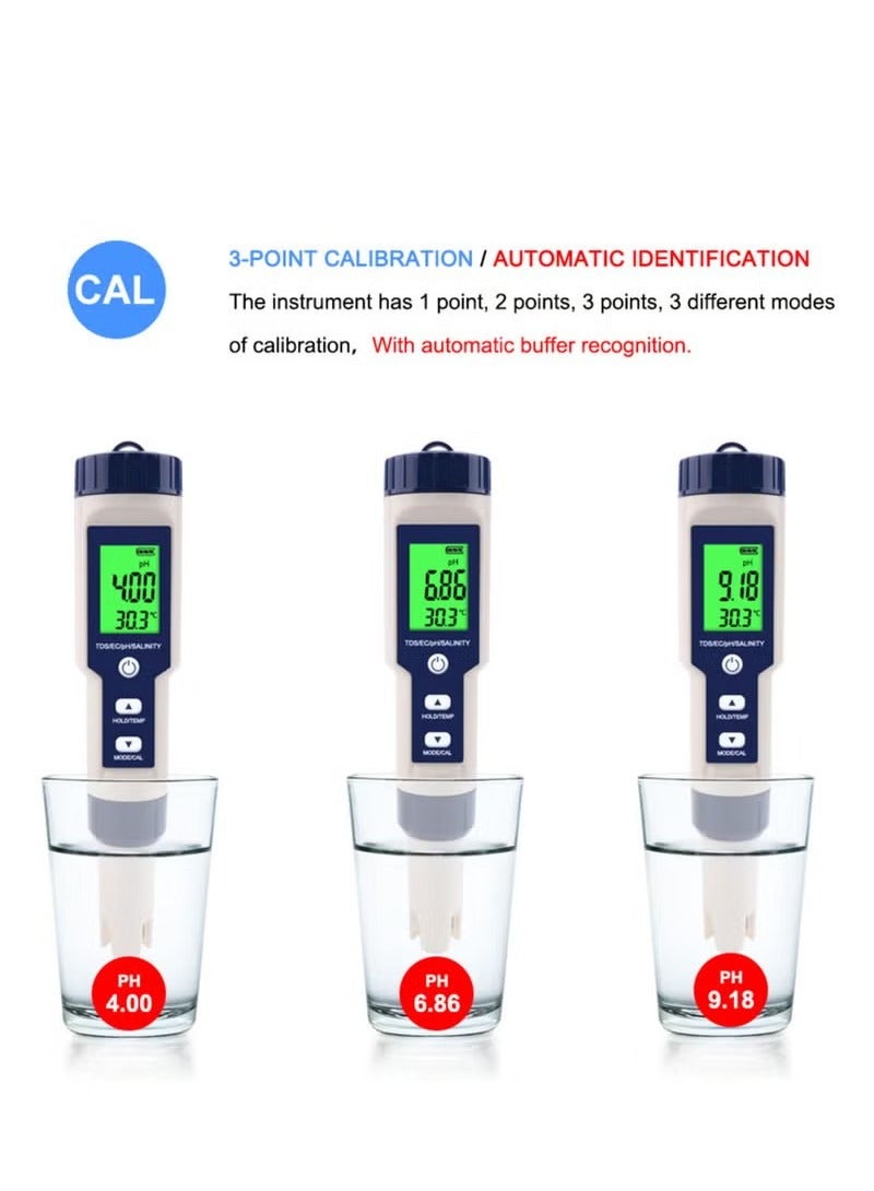 5 in 1 Electronic Household Meter, pH, TDS, EC, Salinity and Temperature Tester for Water Quality, with LCD Display, for Drinking Water, Aquarium, Swimming Pool - Image 5