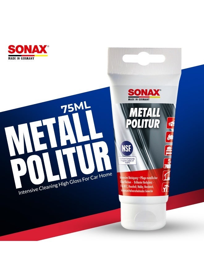 سوناكس ملمع المعادن SONAX (سعة 75 مل): تنظيف مكثف وتلميع فائق اللمعان للكروم، والفولاذ المقاوم للصدأ، والألومنيوم، والنحاس الأصفر، والأسطح المعدنية؛ مناسب للاستخدام مع السيارات والدراجات النارية وفي الأعمال المنزلية. - Image 3