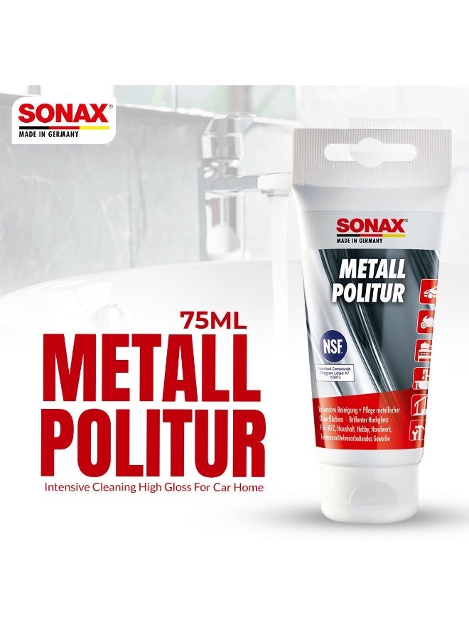 سوناكس ملمع المعادن SONAX (سعة 75 مل): تنظيف مكثف وتلميع فائق اللمعان للكروم، والفولاذ المقاوم للصدأ، والألومنيوم، والنحاس الأصفر، والأسطح المعدنية؛ مناسب للاستخدام مع السيارات والدراجات النارية وفي الأعمال المنزلية. - Image 1