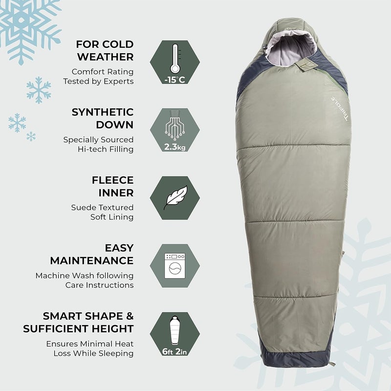 TriPole Zanskar Army Sleeping Bag with Fleece Lining for Cold Weather Trekking and Travelling | 6'2" Height Mummy Shape | Water Repellent | 3 Year Warranty (-15 °C Green) - Image 2