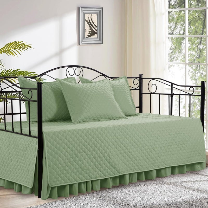 HOMBYS Daybed Cover Sets- Diamond Stitching Daybed Bedding Set, All Season Cozy Bedding with Bedskirt with Shams, Microfiber Filling, 5 Pieces, Sage Green - Image 1