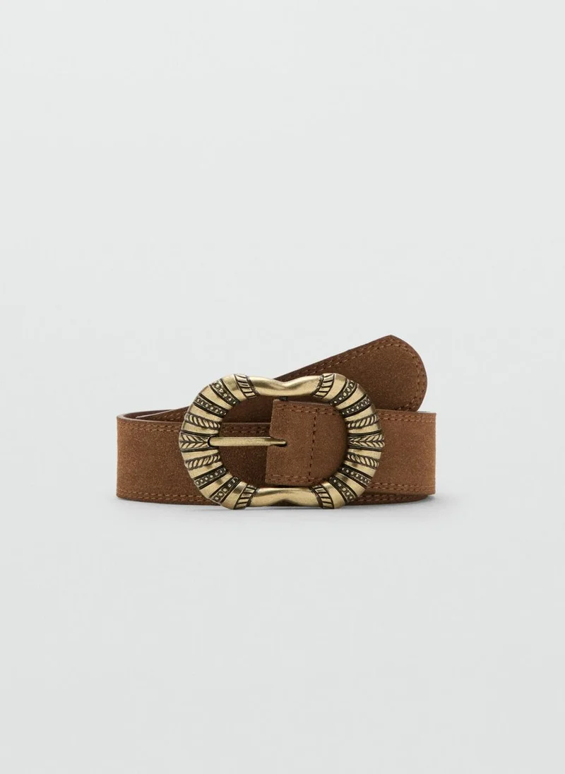 MANGO Suede leather belt with engraved buckle
