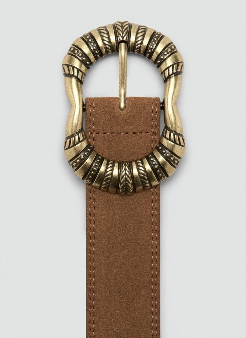 MANGO Suede leather belt with engraved buckle