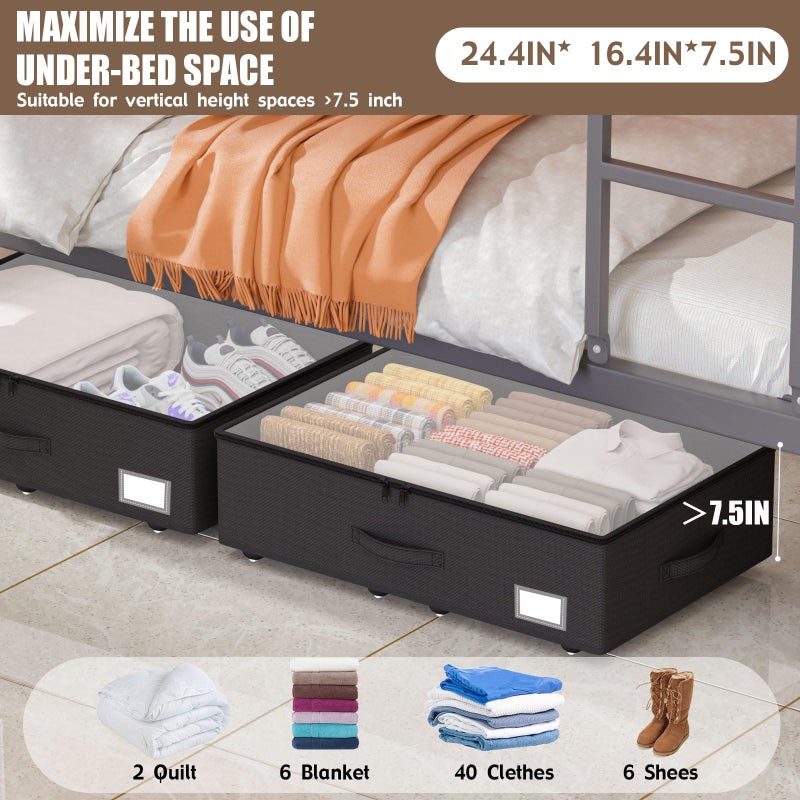 EE-RoomWorld Underbed Storage Bins with Wheels, No Assembly Required - 7.5 inch height Black Large Capacity Rolling Underbed Containers for Shoes, Dorm under bed storage drawers - Image 2