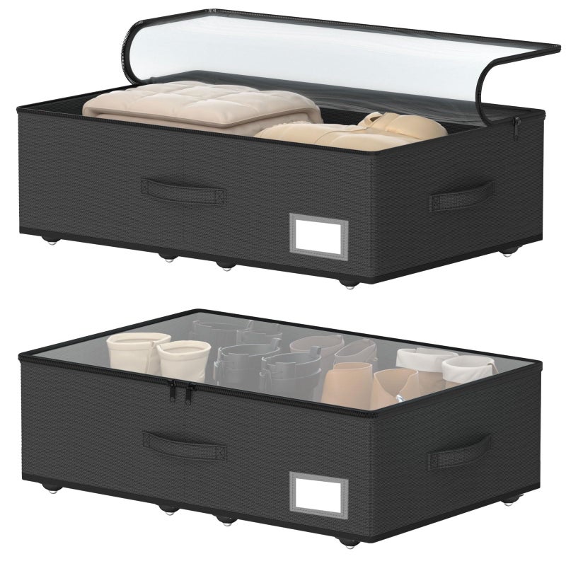 EE-RoomWorld Underbed Storage Bins with Wheels, No Assembly Required - 7.5 inch height Black Large Capacity Rolling Underbed Containers for Shoes, Dorm under bed storage drawers - Image 1