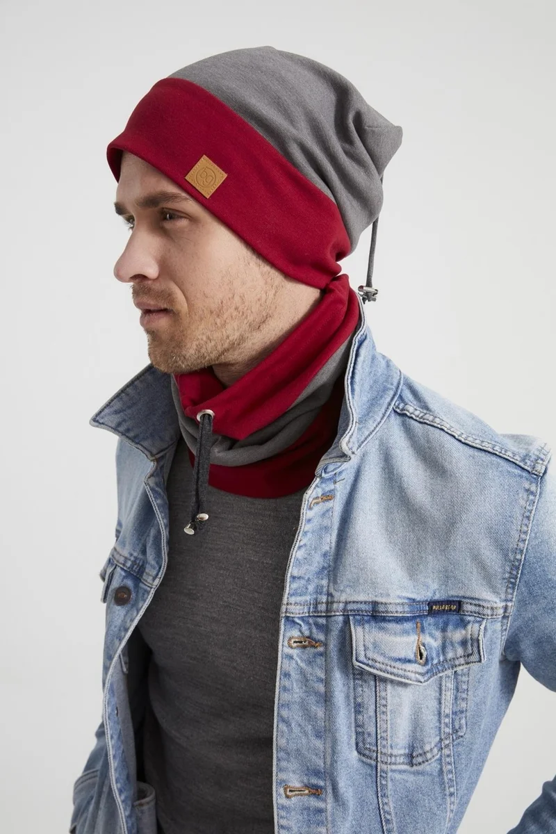 Butikgiz Men's Young New Season Red Gray Piece String Hat Beanie Neck Collar Suit SportsComfortable Cotton Thermal