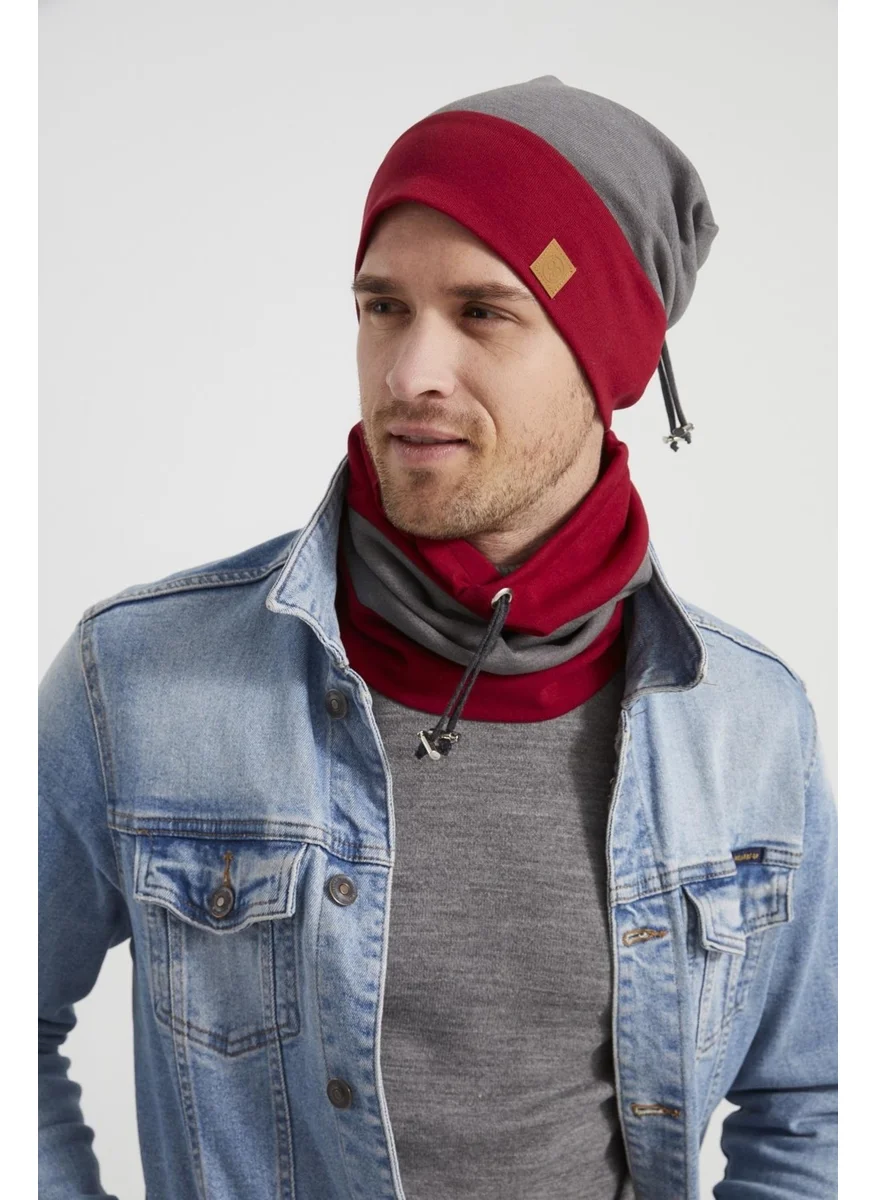 Butikgiz Men's Young New Season Red Gray Piece String Hat Beanie Neck Collar Suit SportsComfortable Cotton Thermal