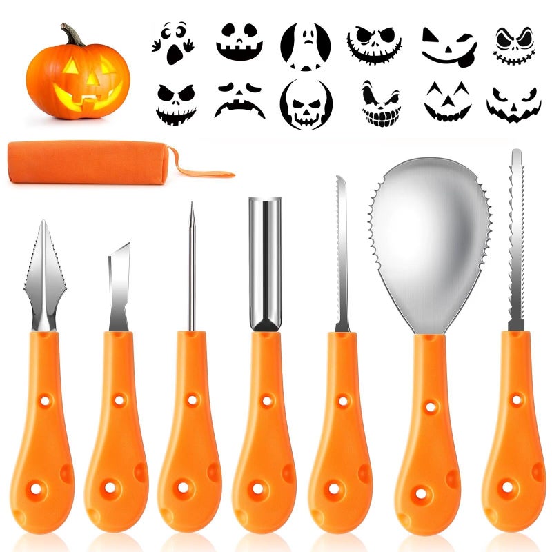 Greatever Halloween Pumpkin Carving KitProfessional and Heavy Duty Stainless Steel ToolsPumpkin Carving Set with12 Pumpkin Stencils Carrying Case7pcs