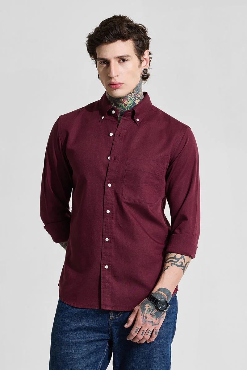 SNITCH Maroon Solid Long Sleeve Slim Fit Casual Shirt
