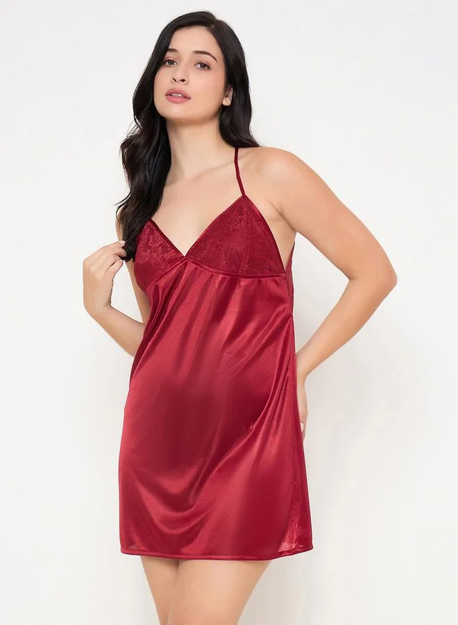 Clovia Clovia Solid Lace Insert V Neck Satin Babydoll