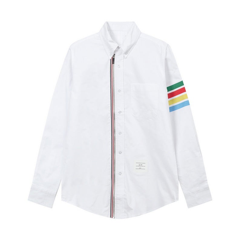 TB JL New Fashion Oxford Textile Zipper Cardigan Color Four Bar White Casual Long Sleeve Spring Shirt White