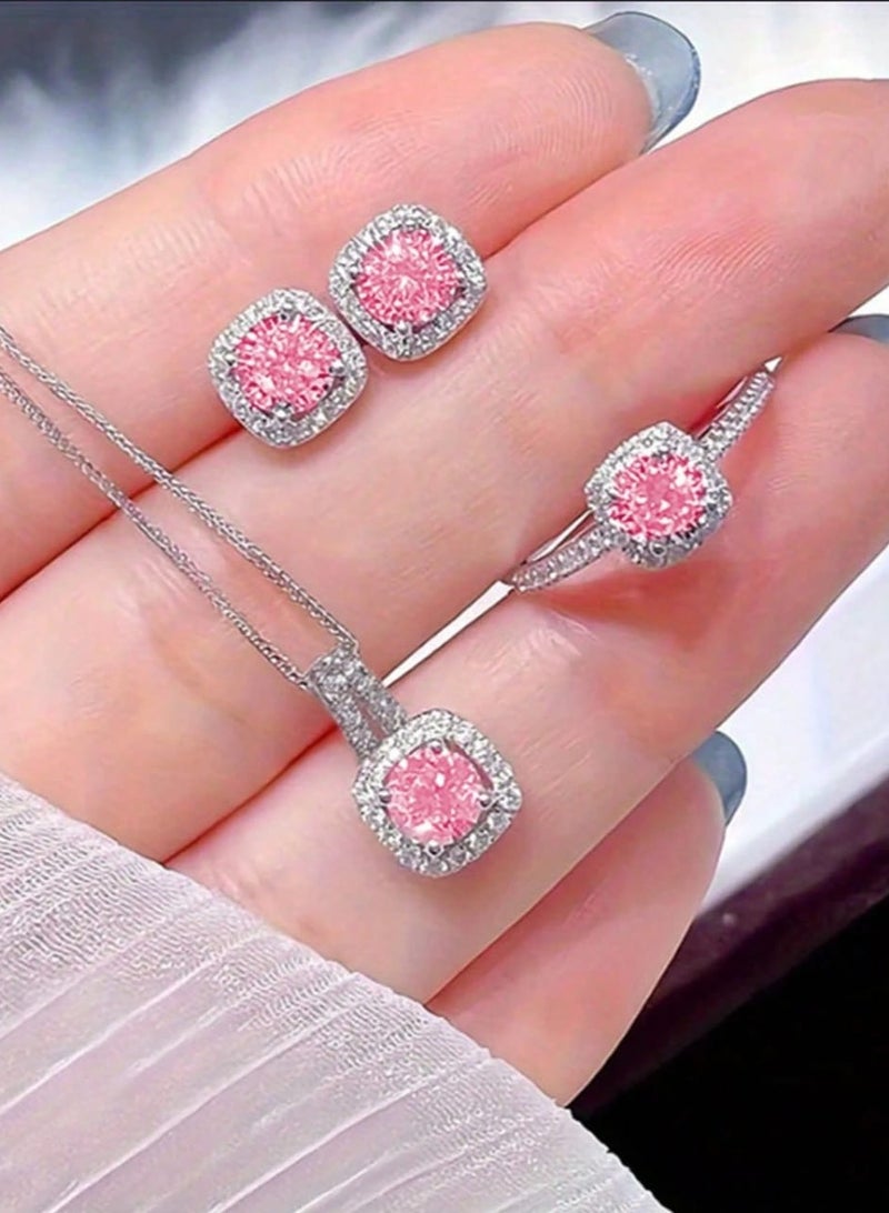 Royal 4 Pcs Cubic Zirconia Jewelry Set woman Bridal Wedding Jewellery Accessories Pink - Image 1