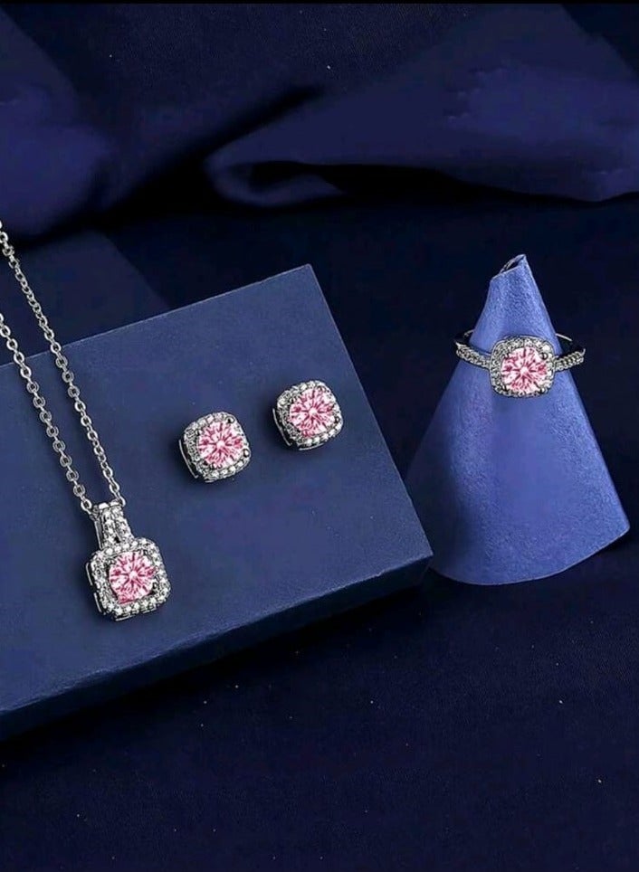 Royal 4 Pcs Cubic Zirconia Jewelry Set woman Bridal Wedding Jewellery Accessories Pink - Image 2