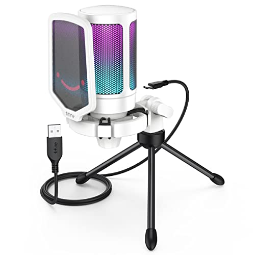 FIFINE AmpliGame USB Microphone PC Gaming Recording Desktop Laptop Mic RGB Streaming Podcasting Condenser Mic for Online Game Vocal with Mute Button Gain Knob Tripod StandA6V White - Image 1