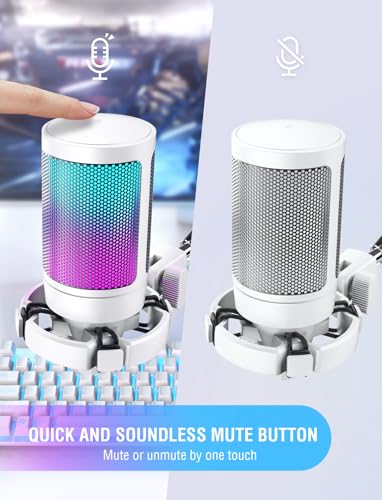 FIFINE AmpliGame USB Microphone PC Gaming Recording Desktop Laptop Mic RGB Streaming Podcasting Condenser Mic for Online Game Vocal with Mute Button Gain Knob Tripod StandA6V White - Image 3