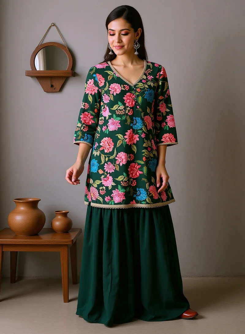 Qissa  Qissa Women's Emerald Green Botanical Cluster Kurti With Sharara & Dupatta For Ethnic Wear | V-Neck, Quarter Regular Sleeves | Floral Print Plain Fabric | 3 Piece Kurta Set Designed For Evening & Party Wear for Women | Best Price UAE