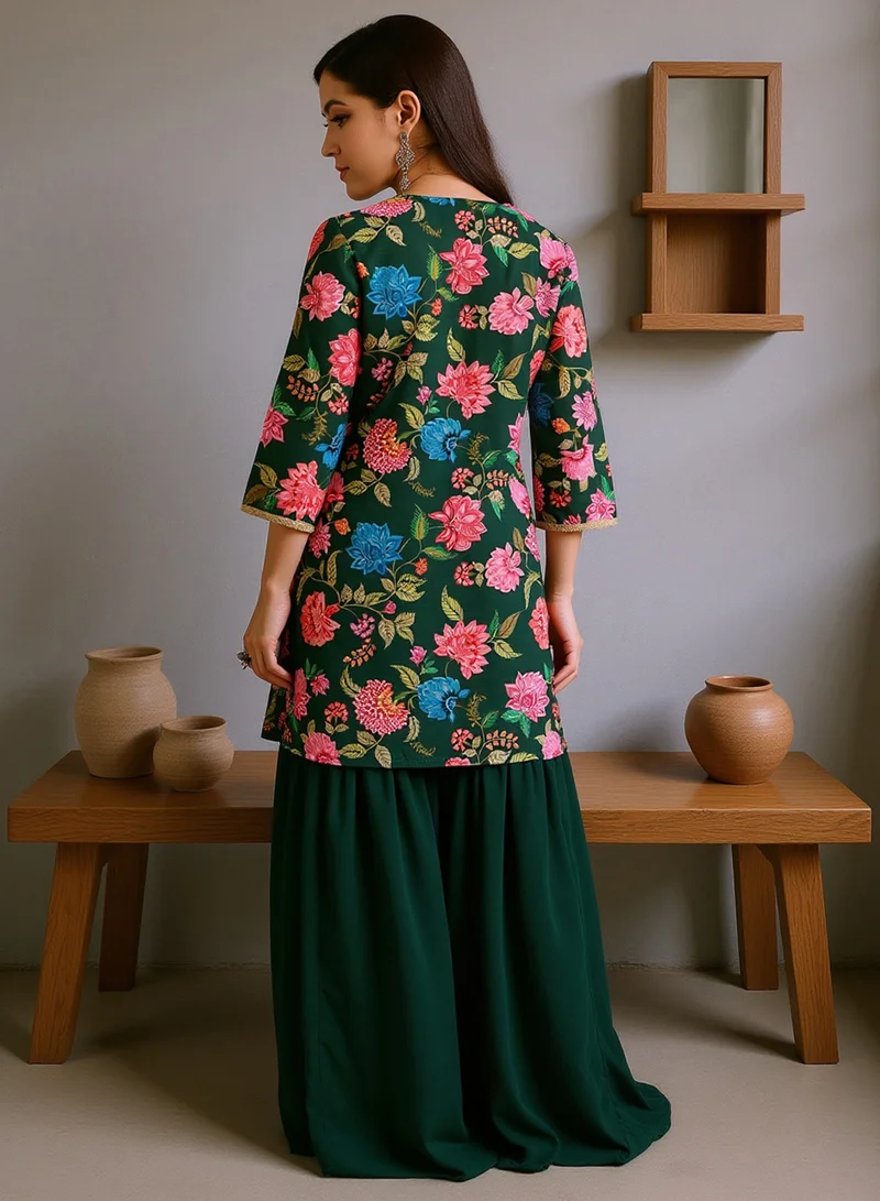 Qissa  Qissa Women's Emerald Green Botanical Cluster Kurti With Sharara & Dupatta For Ethnic Wear | V-Neck, Quarter Regular Sleeves | Floral Print Plain Fabric | 3 Piece Kurta Set Designed For Evening & Party Wear for Women | Best Price UAE