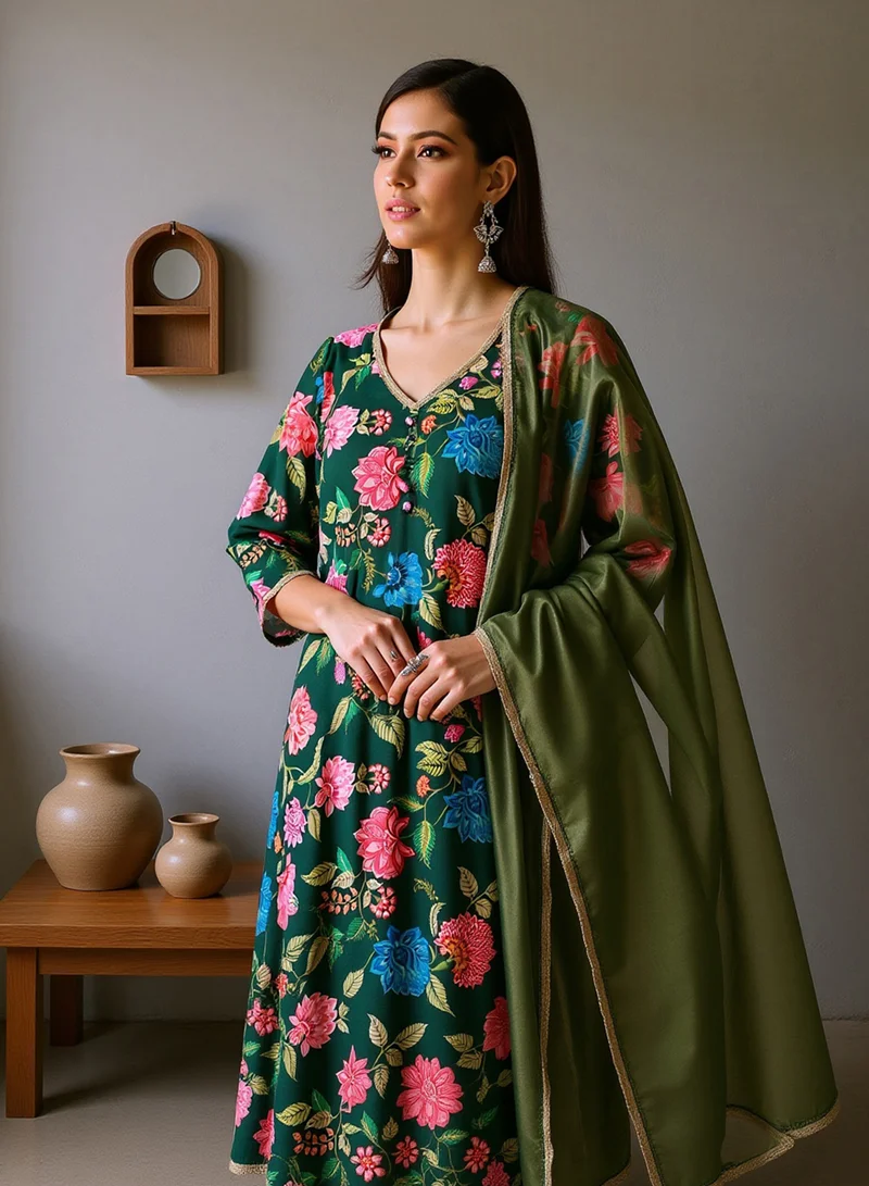 QISSA Qissa Women's Emerald Green Botanical Cluster Kurti With Sharara & Dupatta For Ethnic Wear | V-Neck, Quarter Regular Sleeves | Floral Print Plain Fabric | 3 Piece Kurta Set Designed For Evening & Party Wear